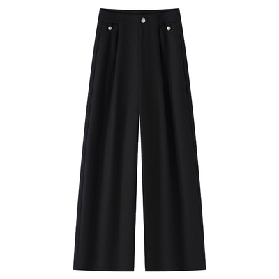 黑色休闲毛呢阔腿裤女2025秋季新款高腰宽松显瘦垂感百搭直筒长裤