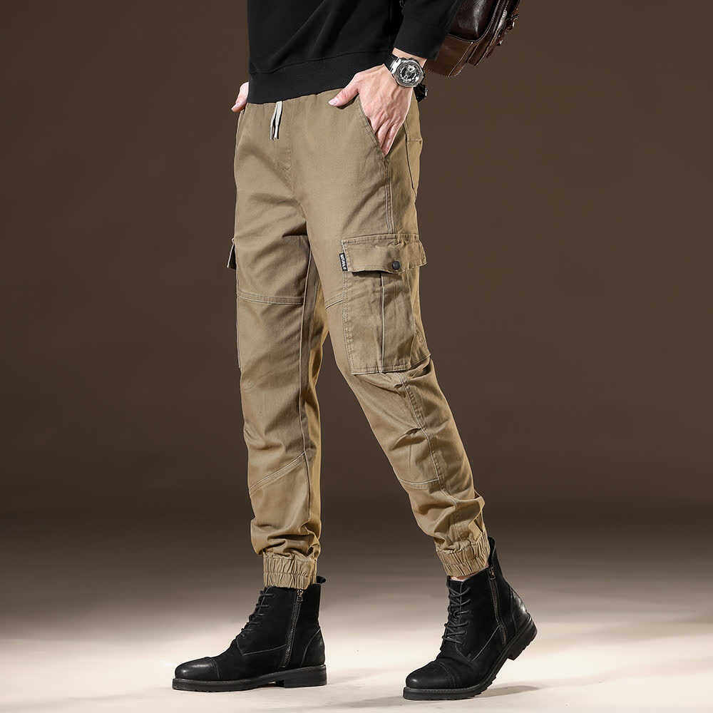 春秋款纯棉修身抽绳工装裤男生宽松休闲直筒大口袋潮流束脚九分裤