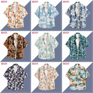 夏威夷复古高街短袖花衬衫五分袖大码男女同款情侣古着感垂感衬衣