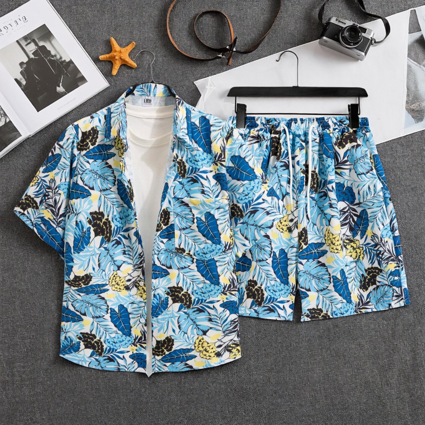 夏日沙滩速干碎花衬衫短裤套装