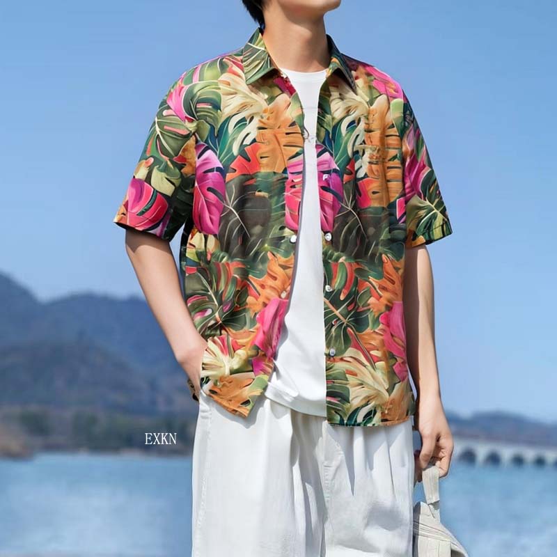 夏威夷花衬衫男泰国风餐厅短袖衬衫复古潮流痞帅度假沙滩宽松衬衣