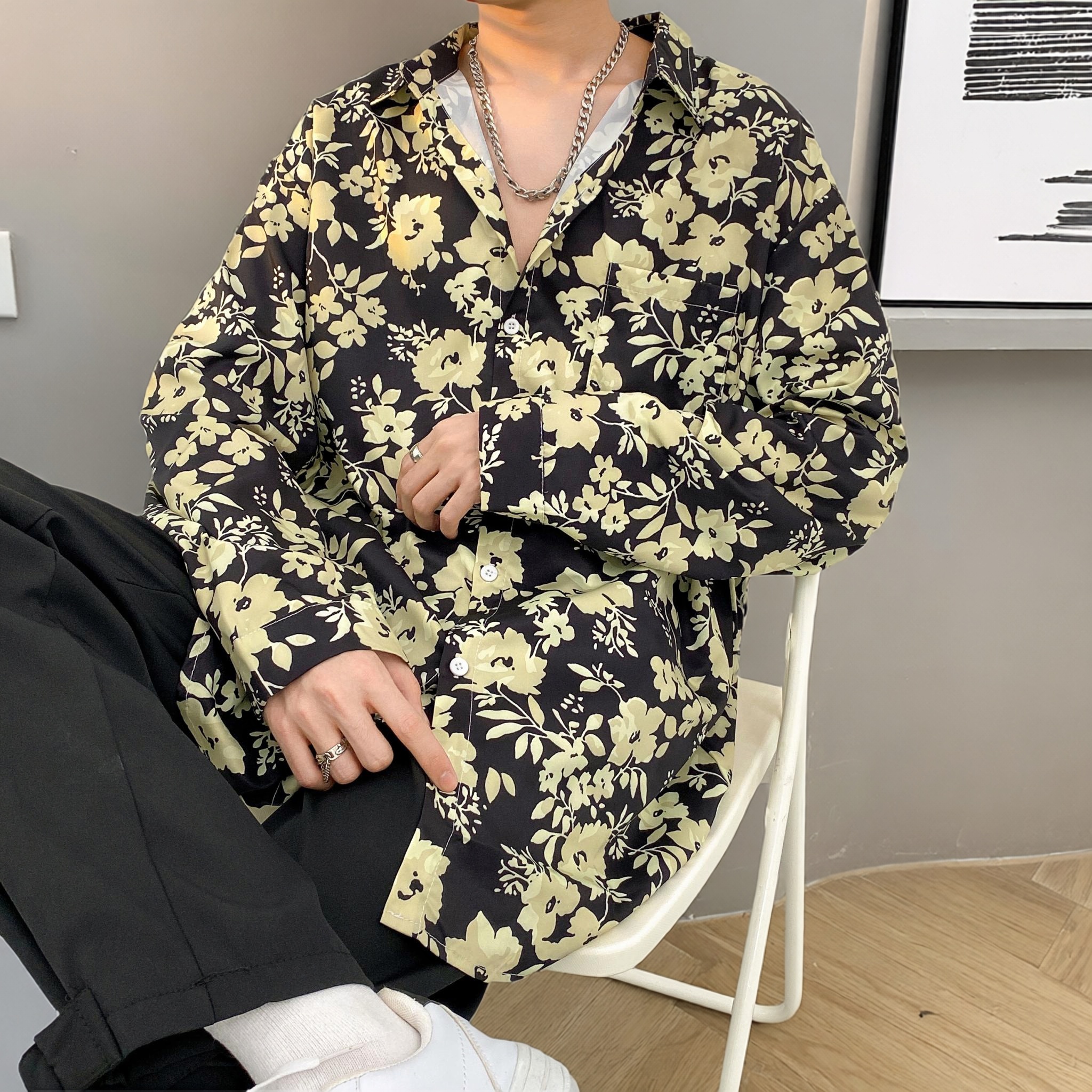 长袖花衬衫男春秋季港风休闲