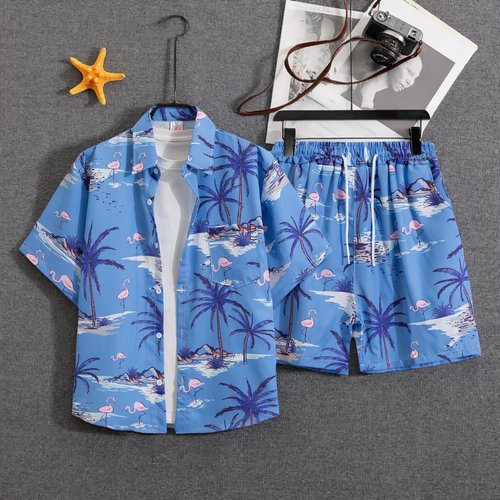 夏威夷花衬衫沙滩套装男女度假