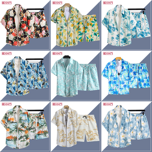 海边旅游度假情侣沙滩套装 碎花衬衫 短裤 潮流短袖 两件套男宽松薄款