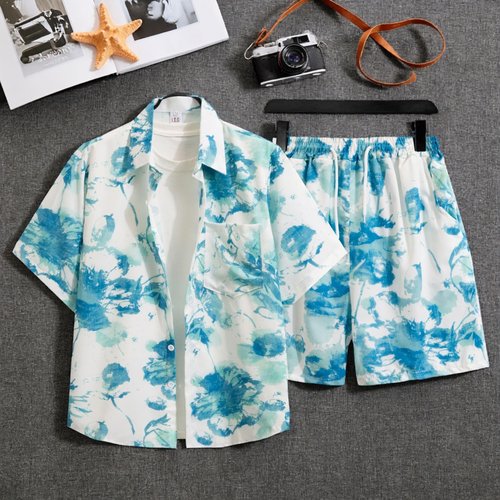 夏日港风碎花短袖情侣衬衫套装