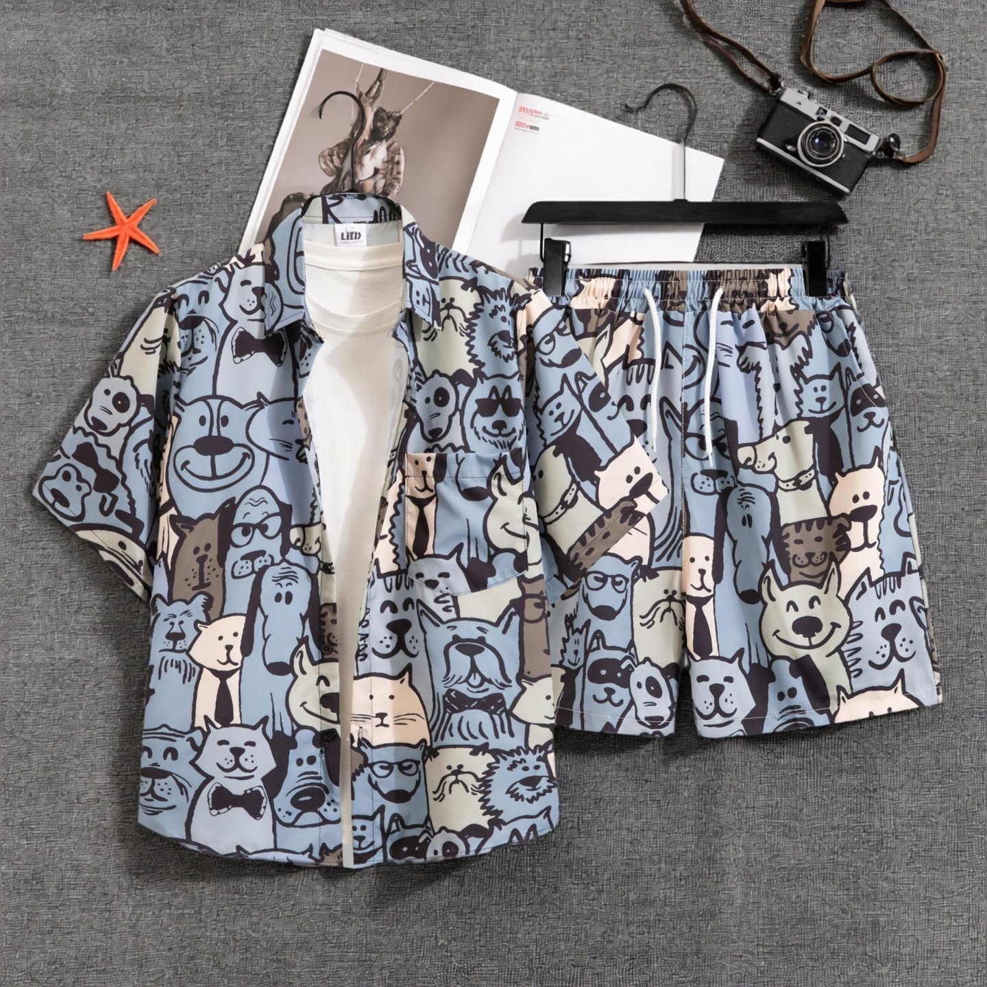 夏威夷复古碎花沙滩衬衫两件套