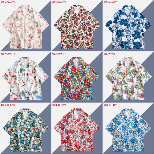 夏季港风古巴领碎花沙滩短袖衬衫