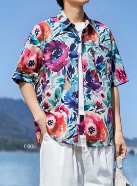 港风休闲外套慵懒高级BMOB衬衣东南亚海边短袖痞帅泰国泼水节潮牌