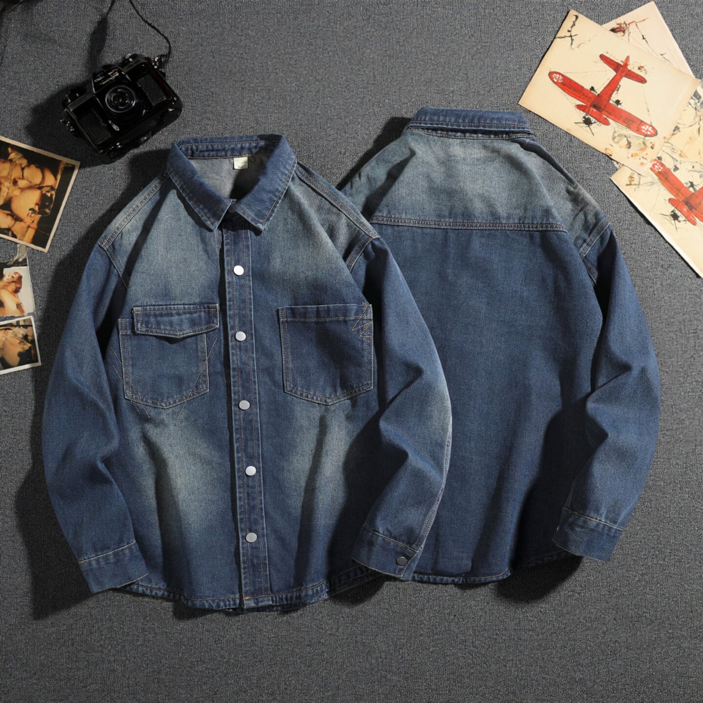 秋季长袖牛仔衬衫男宽松潮牌大码工装衬衣男士百搭休闲外套春秋款