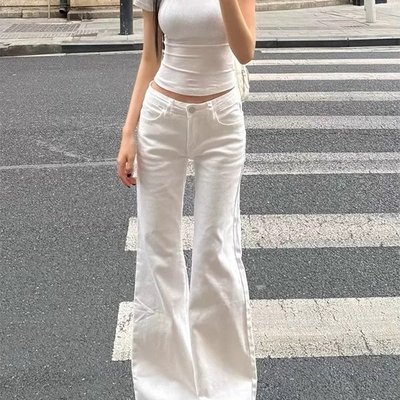现货  白色微喇阔腿牛仔裤女夏季美式辣妹低腰宽松垂感拖地裤