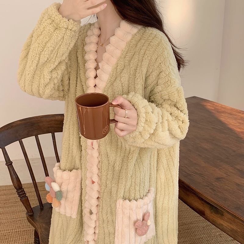 珊瑚绒睡袍女秋冬天睡裙长款冬款