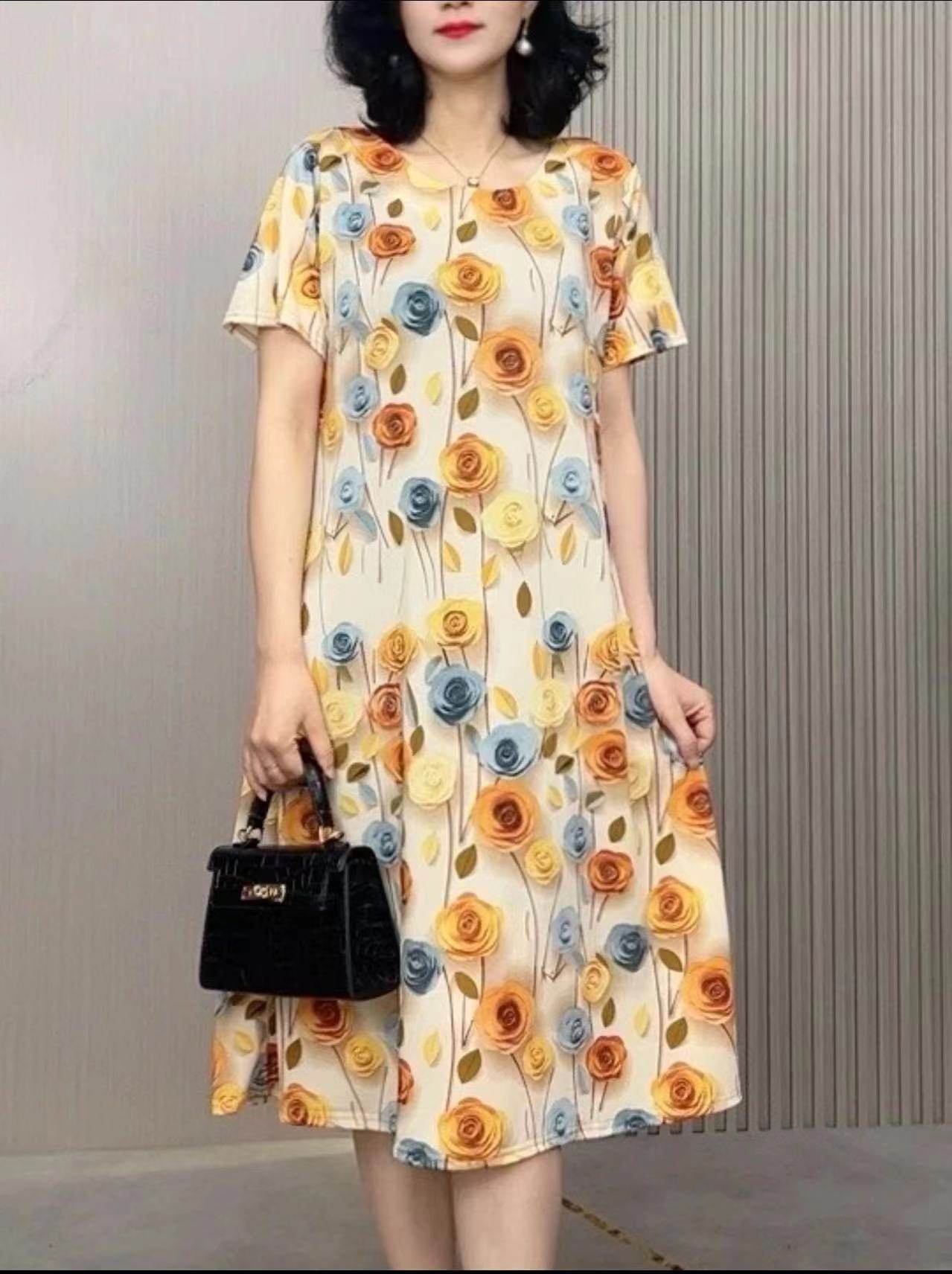 2024新款中年女妈妈夏装过膝大码遮肚子显瘦洋气大摆弹力连衣裙花