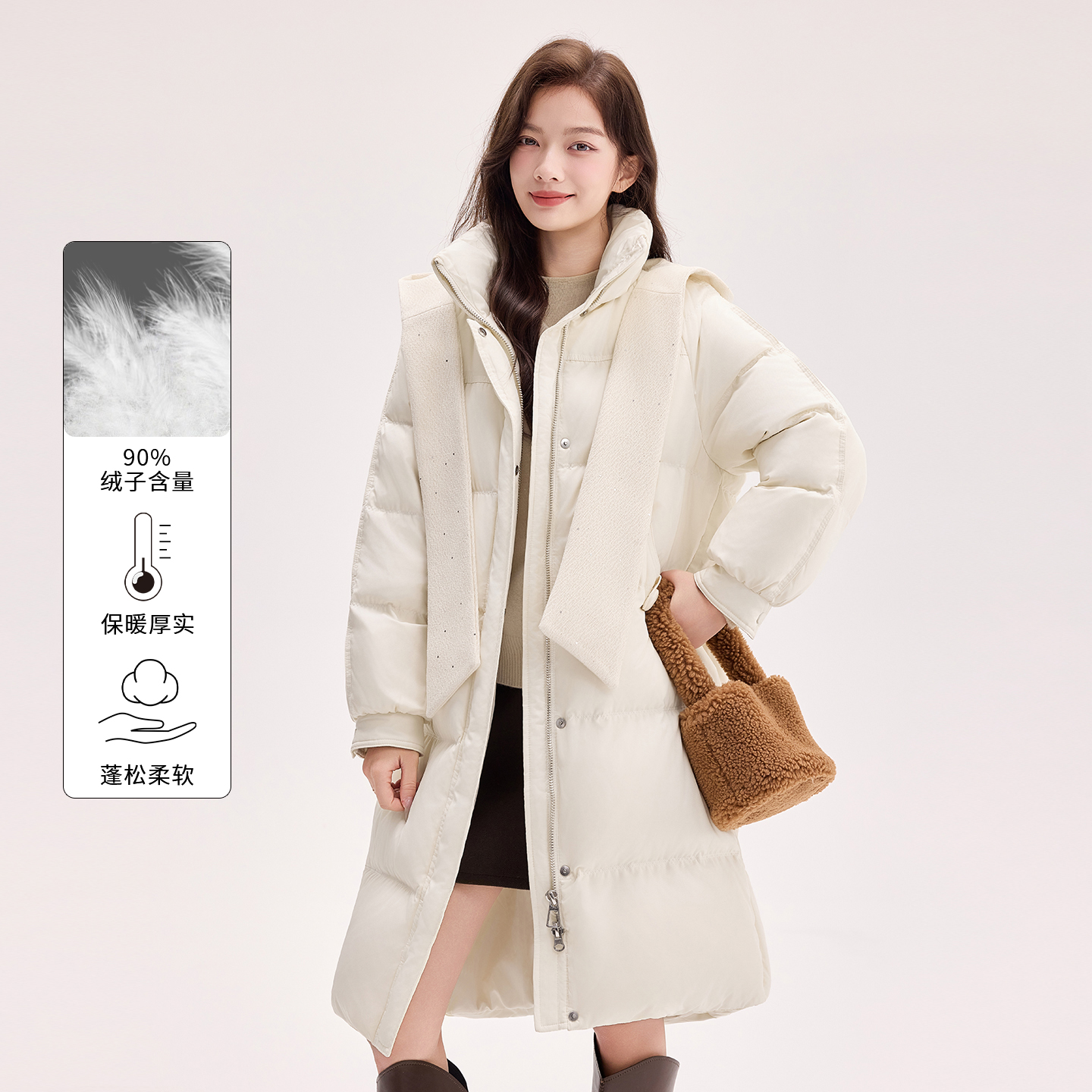 90绒连帽中长款羽绒服女冬季2025新款时尚过膝大衣加厚保暖外套