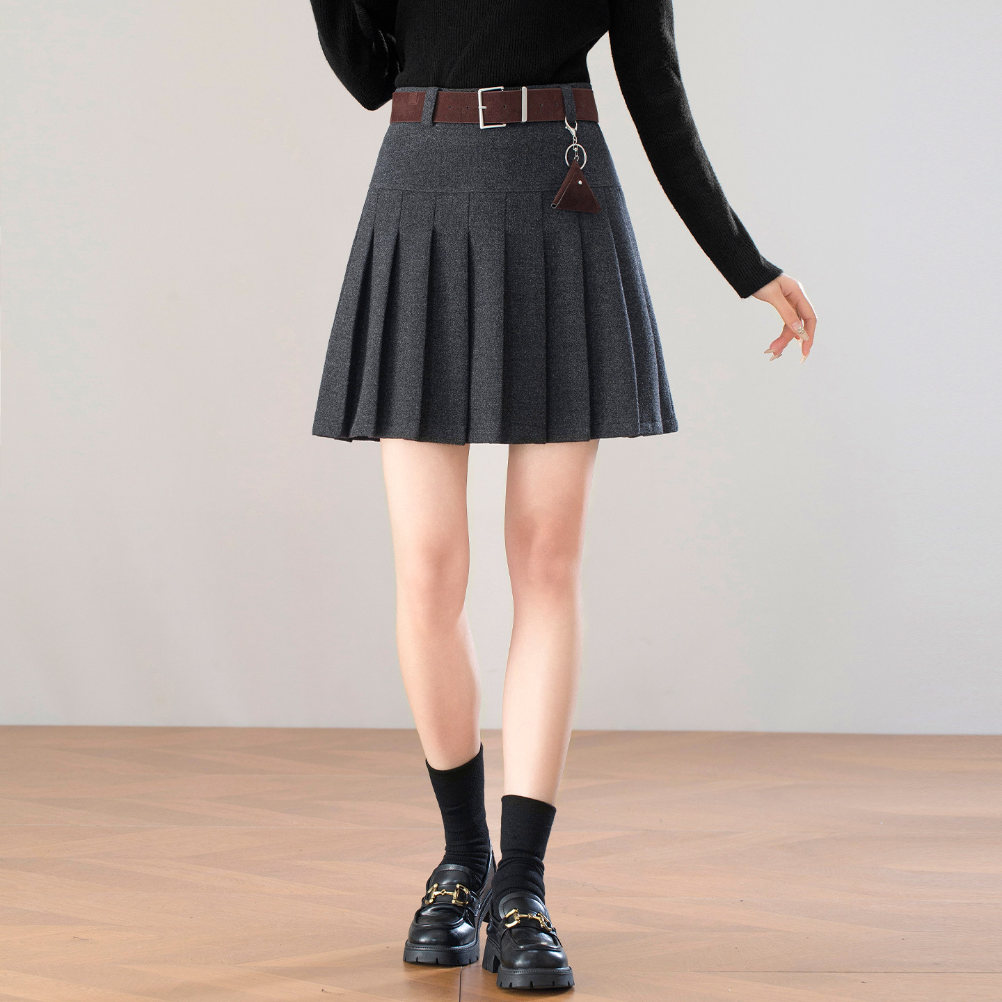 学院风JK毛呢百褶半身裙厚女秋冬2025新款高腰显瘦A字短裙配腰带,女装/女士精品,半身裙,淘宝优惠券,粉丝福利购,淘宝优惠卷