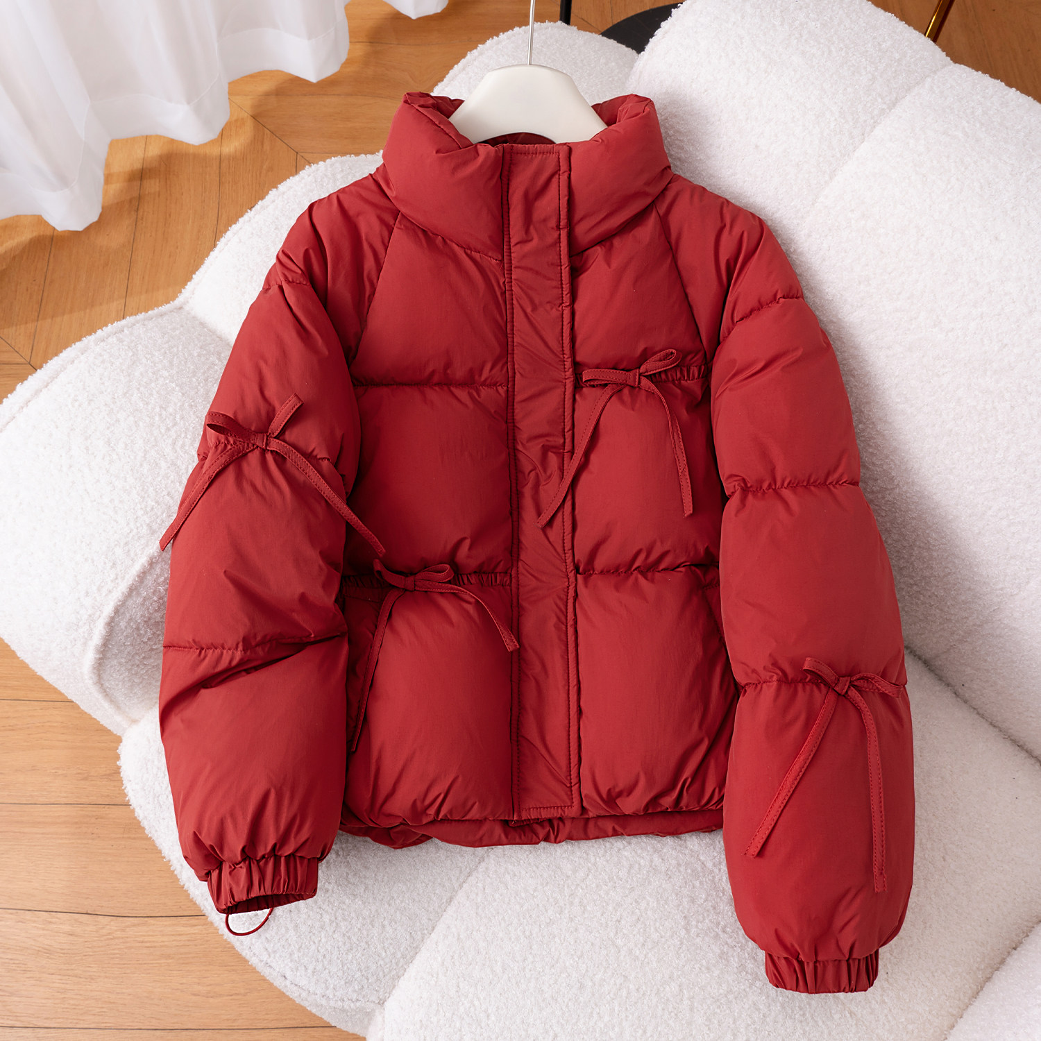 红色立领面包服短款棉袄厚女冬季2025新款宽松保暖蝴蝶结棉服外套,女装/女士精品,棉衣/棉服,淘宝优惠券,粉丝福利购,淘宝优惠卷