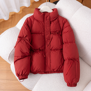 红色立领面包服短款棉袄厚女冬季2025新款宽松保暖蝴蝶结棉服外套