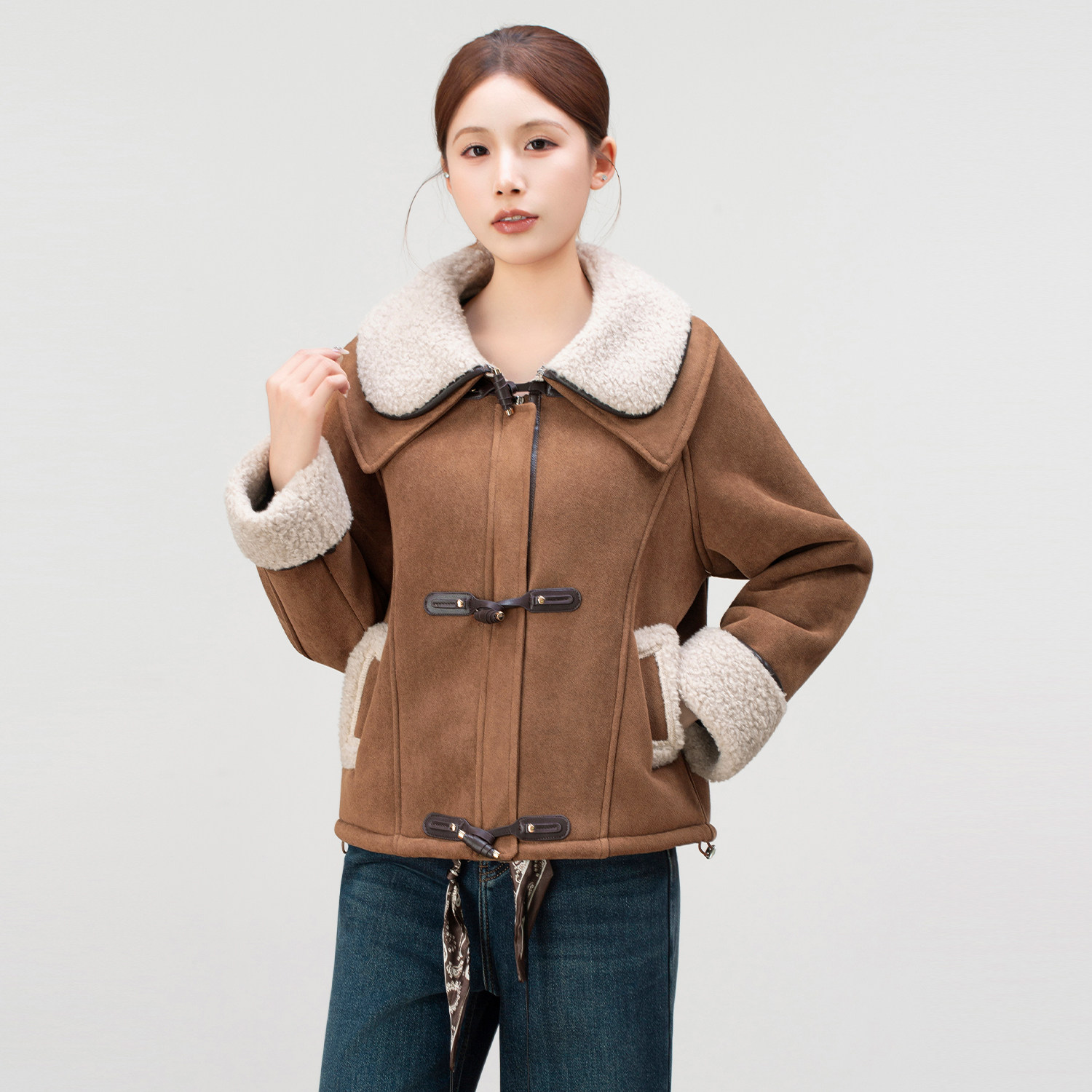 美式复古麂皮绒短外套女冬季2025新款羊羔毛翻领加厚保暖毛绒上衣,女装/女士精品,短外套,淘宝优惠券,粉丝福利购,淘宝优惠卷