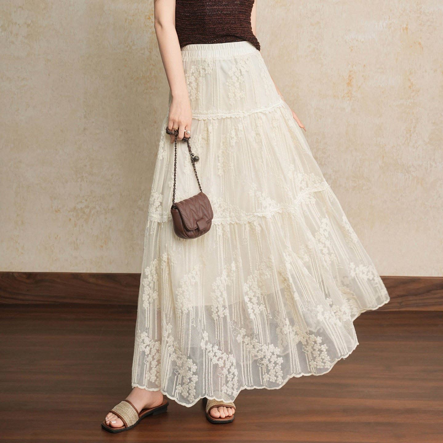 浪漫蕾丝风白色网纱刺绣半身裙女2026春夏新款高腰蛋糕裙优雅长裙