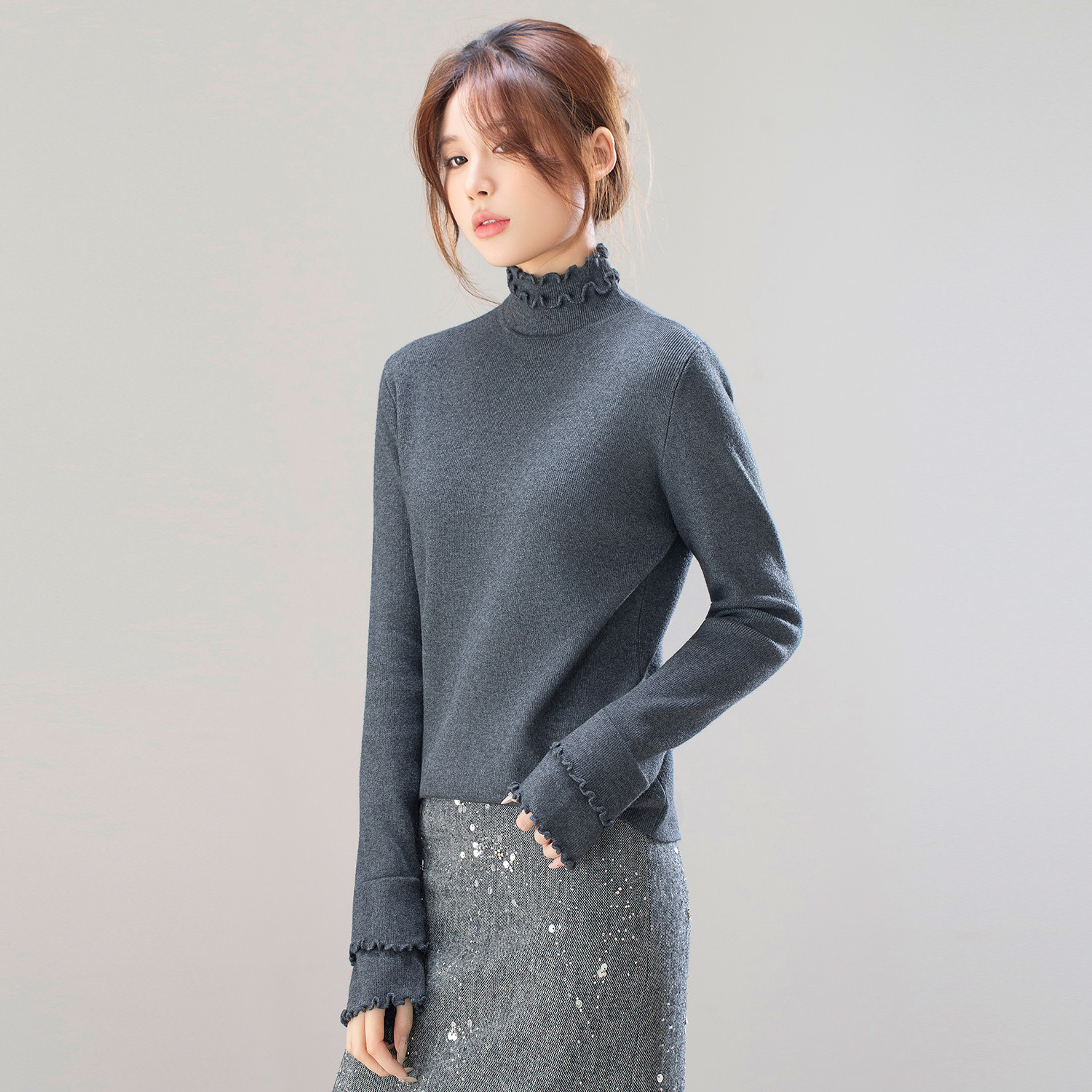 温柔风堆堆领木耳边针织衫女春秋2026新款灰色套头百搭打底衫毛衣,女装/女士精品,毛针织衫,淘宝优惠券,粉丝福利购,淘宝优惠卷