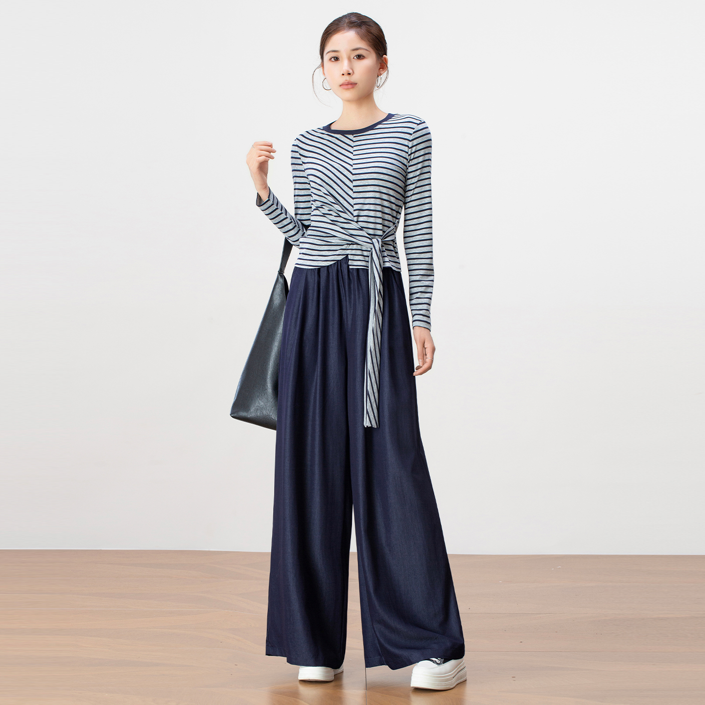 独特不对称绑带条纹t恤阔腿裤一整套装女秋季2025年新款OOTD穿搭