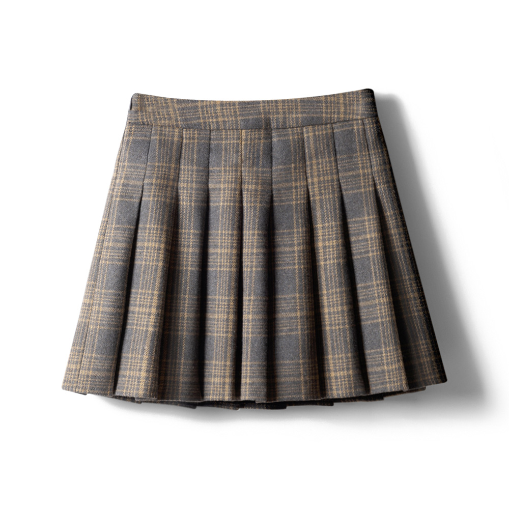 jk毛呢卡其格子秋冬新款百褶裙