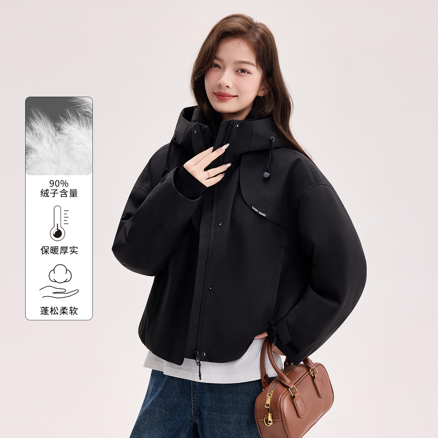 休闲风派克羽绒服女短款冬季2025新款连帽黑色显瘦保暖小个子外套