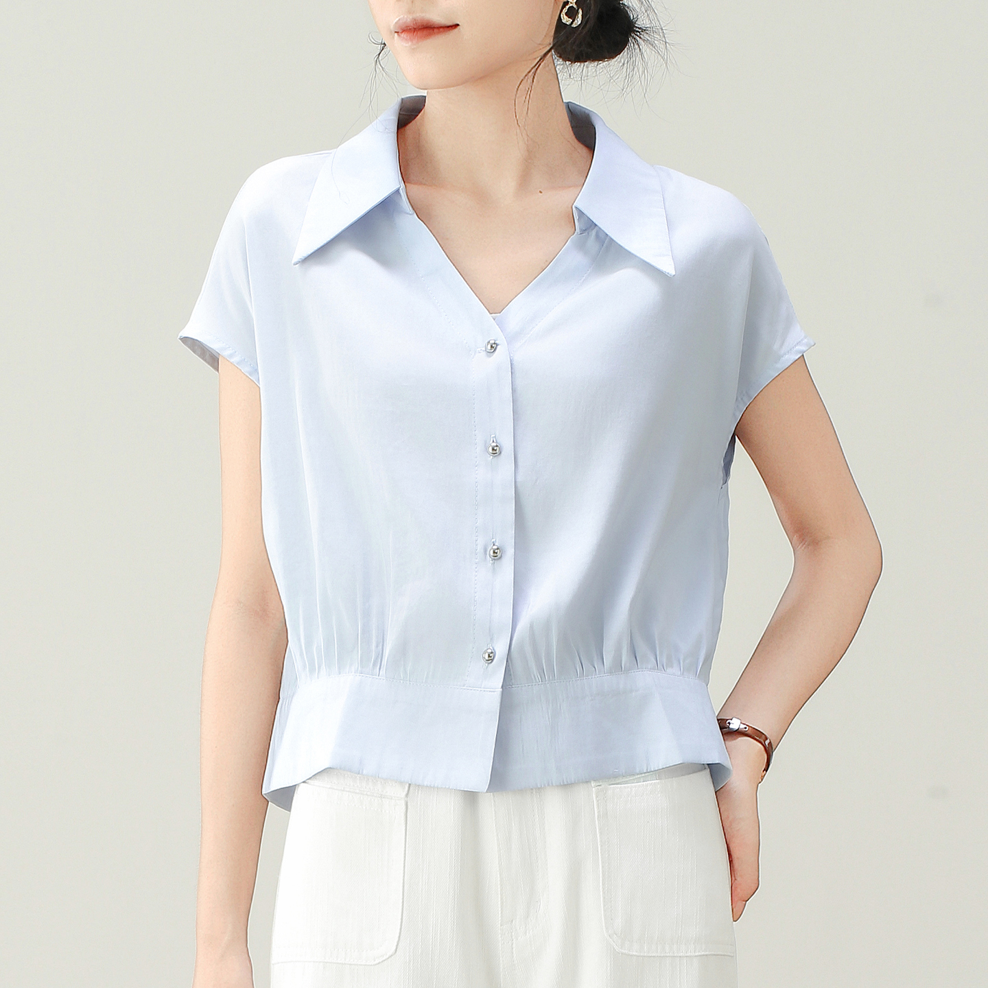 气质轻熟简约翻领开衫上衣女夏季2025新款遮肚子显瘦短袖t恤衬衫