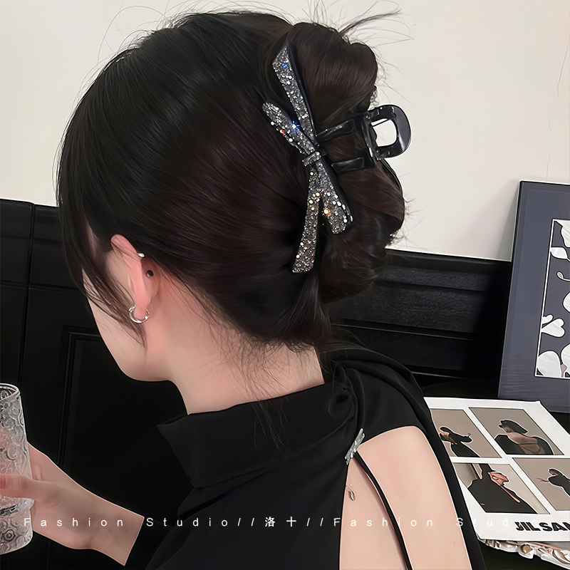 黑色大号蝴蝶结抓夹满钻星河发夹