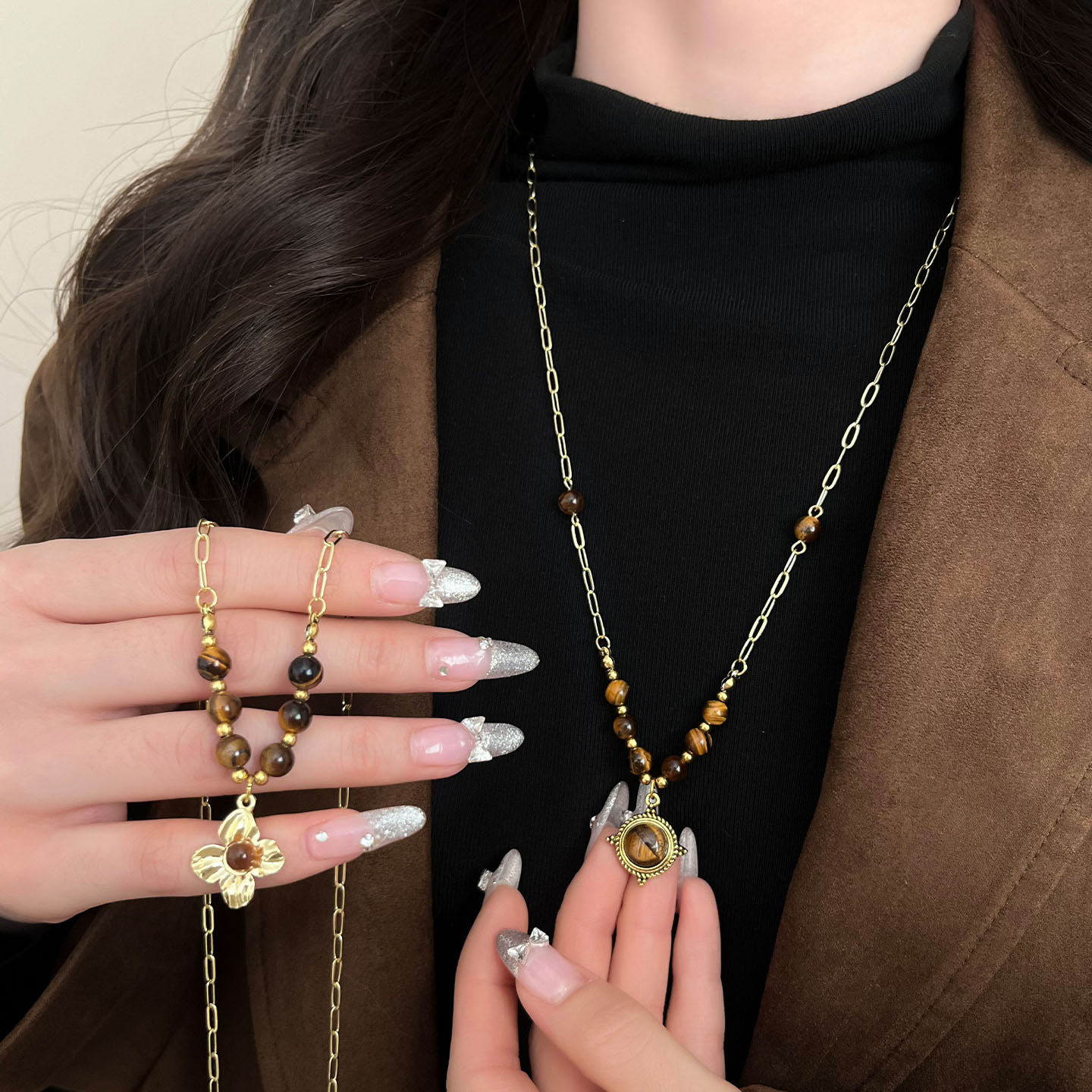 虎眼石串珠项链女轻奢小众锁骨链