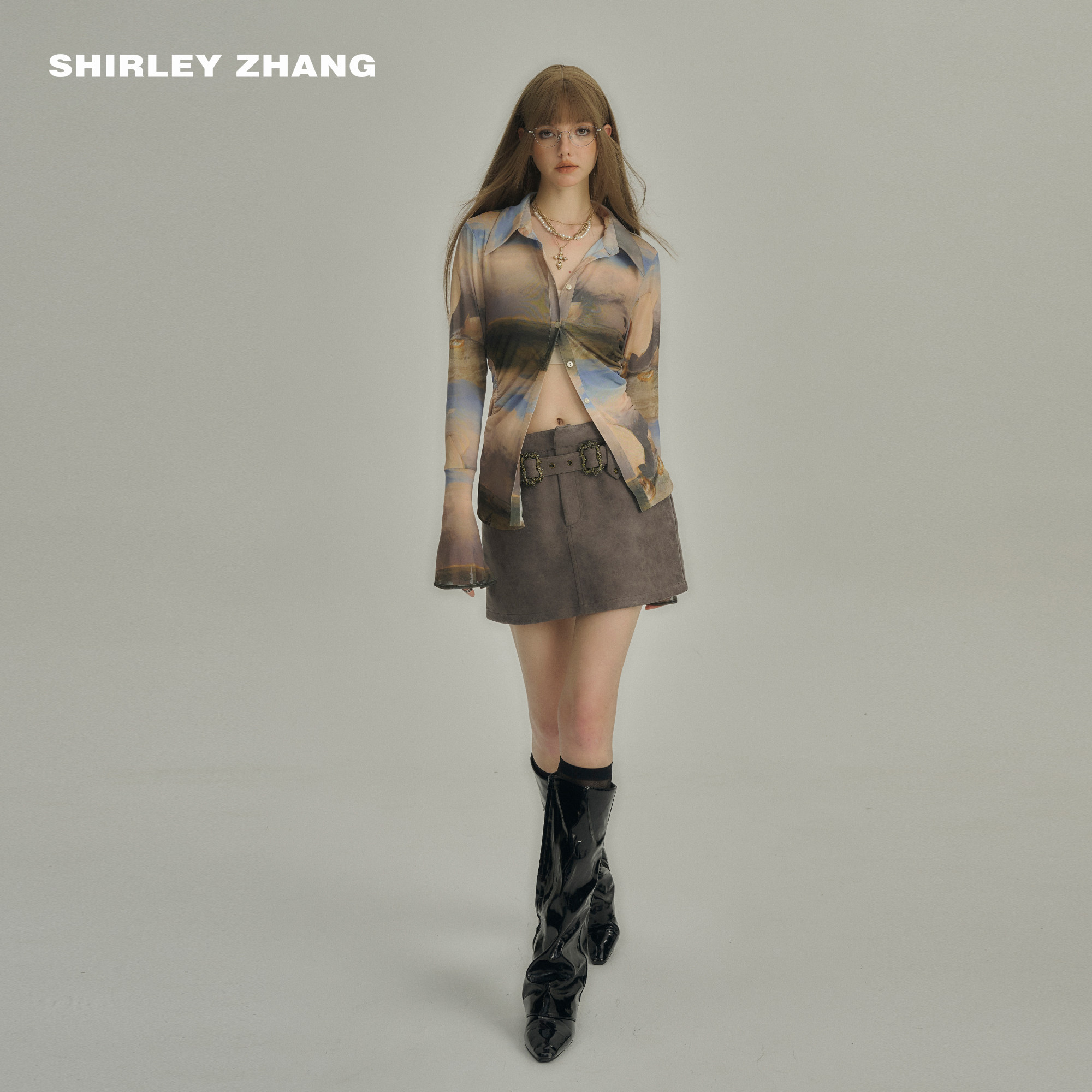 Shirley Zhang 2024纯欲丛林印花绿色冰感网纱衬衫女性感收腰上衣