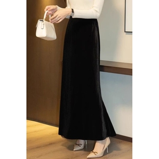 金丝绒鱼尾裙女新款秋冬长款到脚踝气质修身字半身包臀长裙
