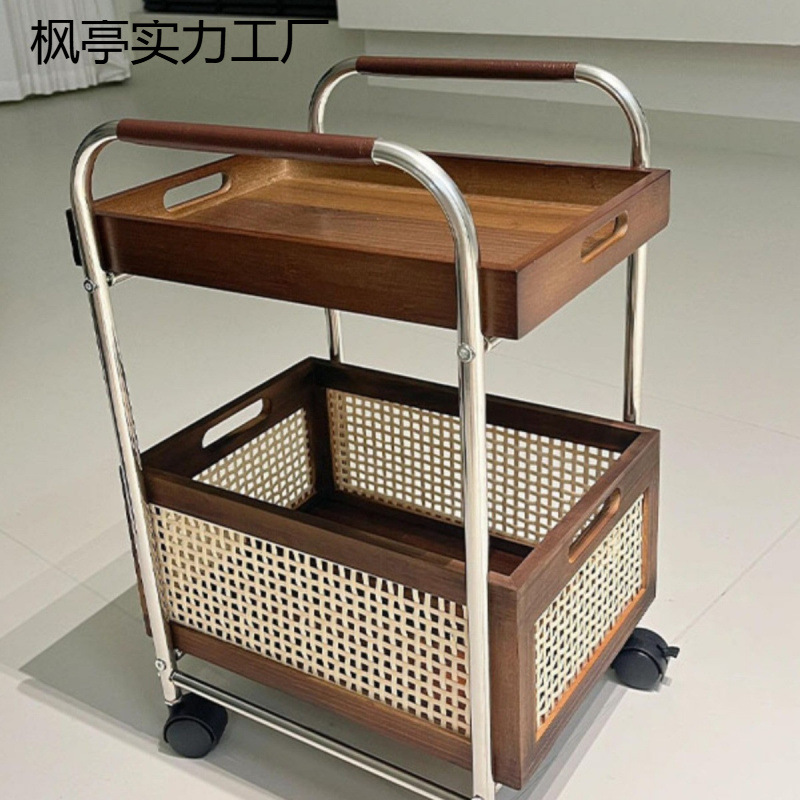 中古实木边几可移动小推车沙发边柜置物柜客厅茶水架藤编包邮
