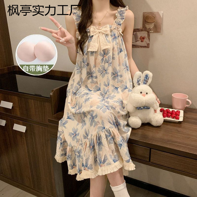 带胸垫睡衣女夏天韩版甜美洋气蝴蝶结高颜值宫廷风网红风睡裙包邮
