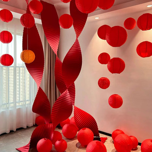 红色纸灯笼长条波浪瓦楞纸折纸国庆中秋节开业婚礼场景装饰布置品