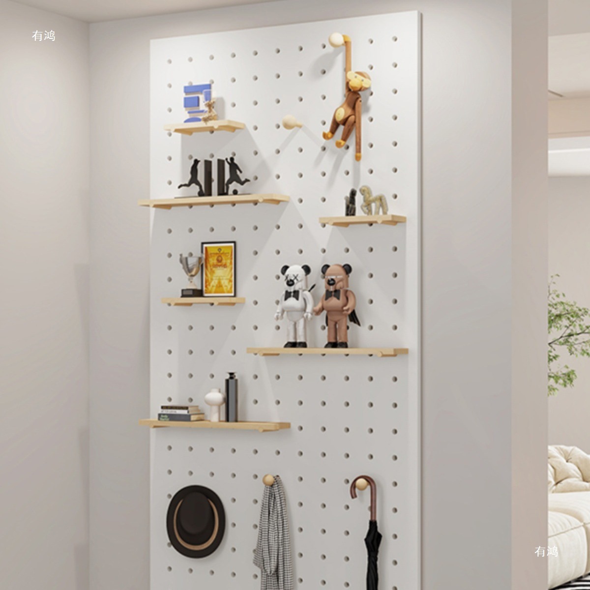 洞洞板置物架实木挂板装饰入户门口玄关隔板配件置物板收纳架无