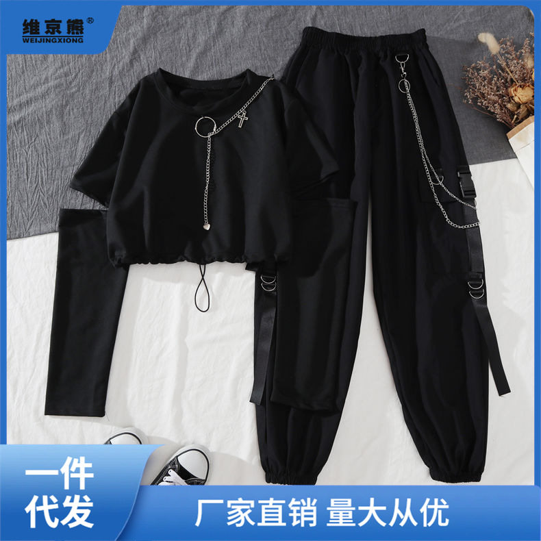 工装裤套装女夏时尚学生新款洋气ins超a帅气酷女孩百搭霸气两磊红