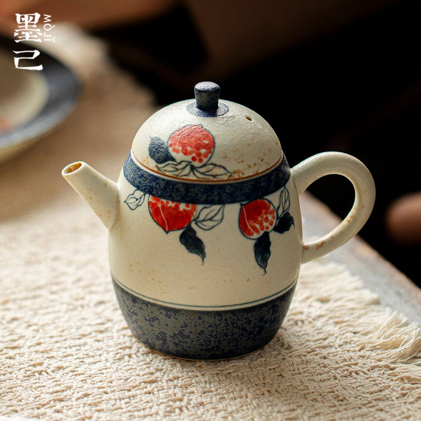 墨己焦糖釉青黛桃子家用手绘仿古陶瓷茶壶功夫茶具球孔过滤龙珠壶