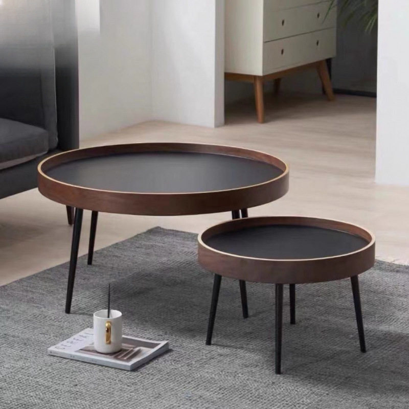 2025北欧简约黑胡桃木茶几ins网红移动轻奢圆形创意客厅包邮