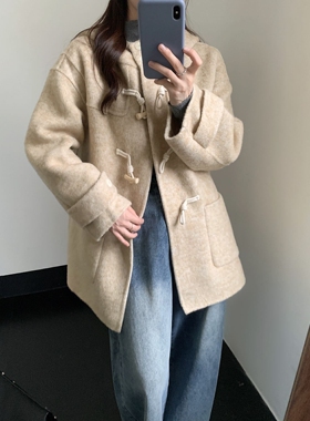 呢冬季新2025学院风羊毛大衣双面韩系休闲连帽宽松感牛角紫色