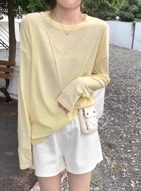 薄款微透防晒长袖T恤女春夏简约慵懒风宽松圆领套头罩衫黄色上衣