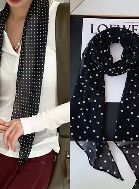 发带欧美配饰系棕色2025春脖女围巾印花百波点丝巾长条绑新款