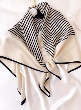 100%桑蚕丝90真丝缎面丝巾简约百搭福宝条纹女春秋大方巾薄款