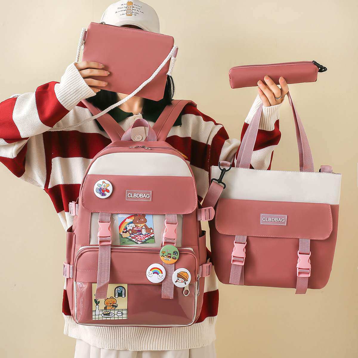 韩版时尚休闲帆布双肩包初高中多用四件套学生书包简约学院风背包