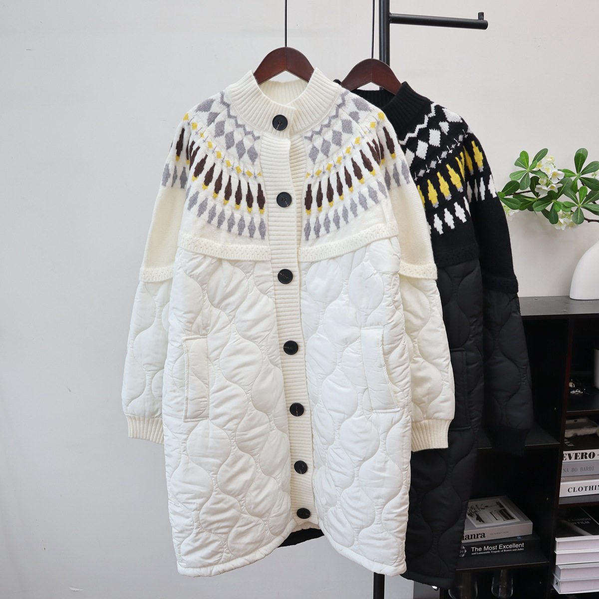 欧洲站加厚长款拼接棉服针织开衫毛针织衫