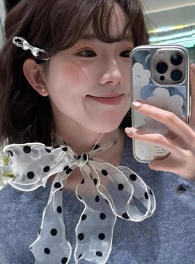 黑白波点丝巾长条欧根纱飘带高级感气质ins纯欲风发带系脖配饰女