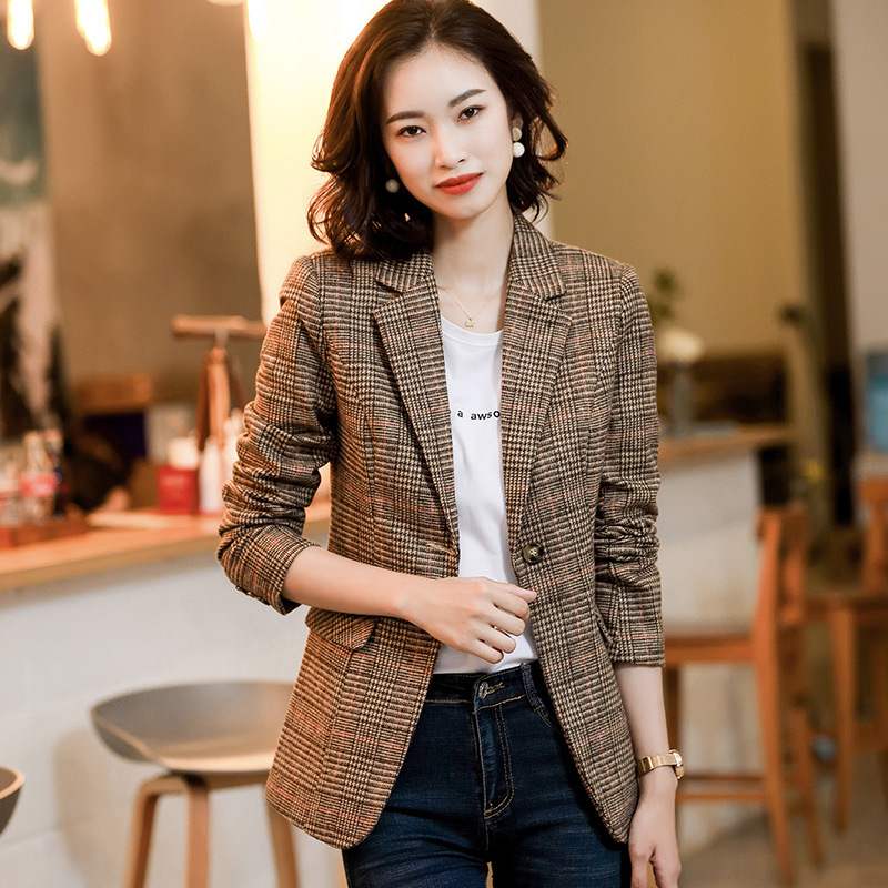 时尚气质格子小西装外套女春秋休闲复古小众格纹西服单件上衣