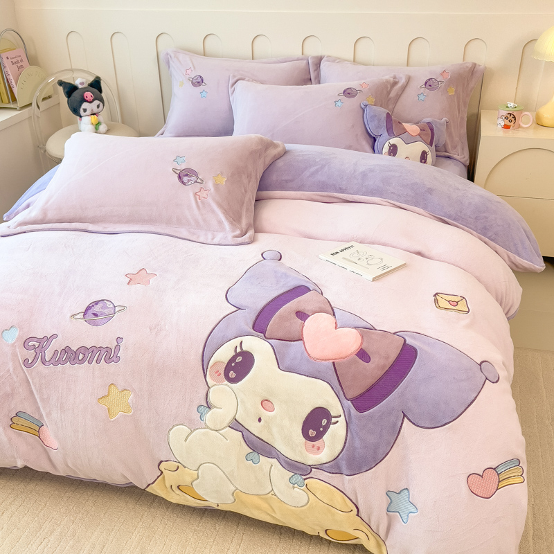 2025新款库洛米牛奶绒四件套印花毛绒贴布绣花儿童冬季保暖三件套