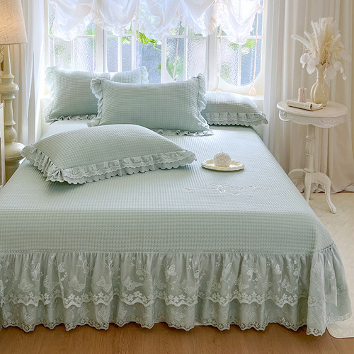 夏季高端床盖款冰豆豆凉席三件套花边刺绣床裙四件套空调冰丝席子