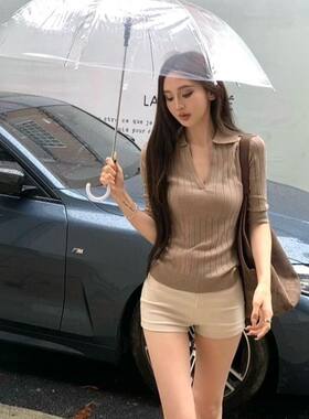 复古修身v领中袖针织衫女装秋季