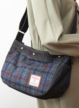 Harris tweed复古报童包上班通勤斜挎包拼接牛仔布大容量邮差包